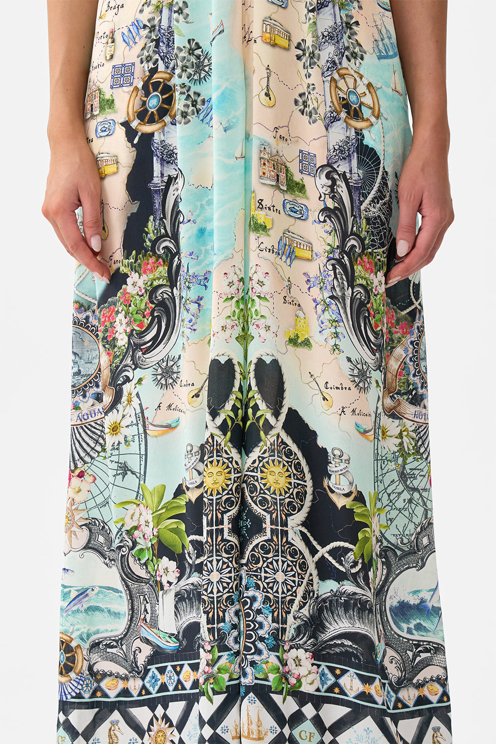 The CAMILLA Halterneck Jumpsuit With Tie Neck in our Folk Afloat print.