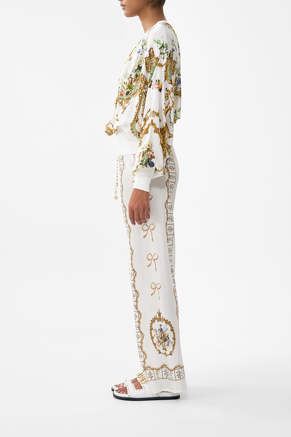 The CAMILLA Bias Cut Drawstring Pant in our Dressing Room Drama print.