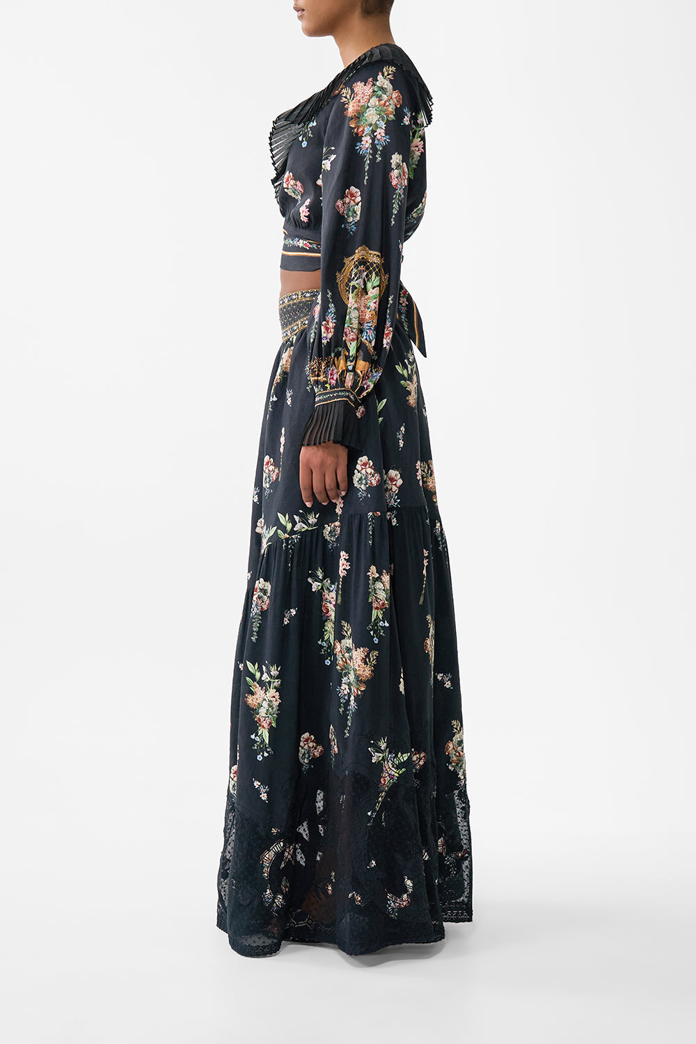 The CAMILLA Cropped Wrap Top With Pleated Detail in our Noble Endeavours print.