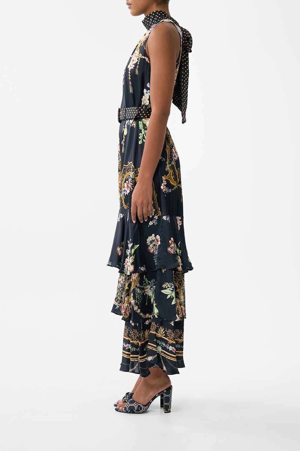 The CAMILLA Highneck Tiered Ruffle Hem Dress in our Noble Endeavours print.