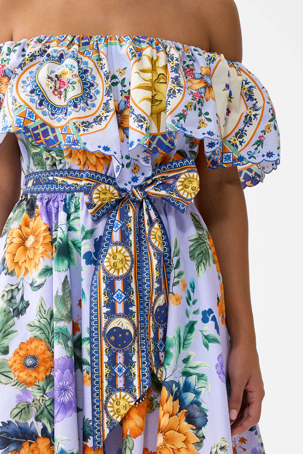 The CAMILLA Shoulder Frill Short Dress in our Luscious In Lisbon print.