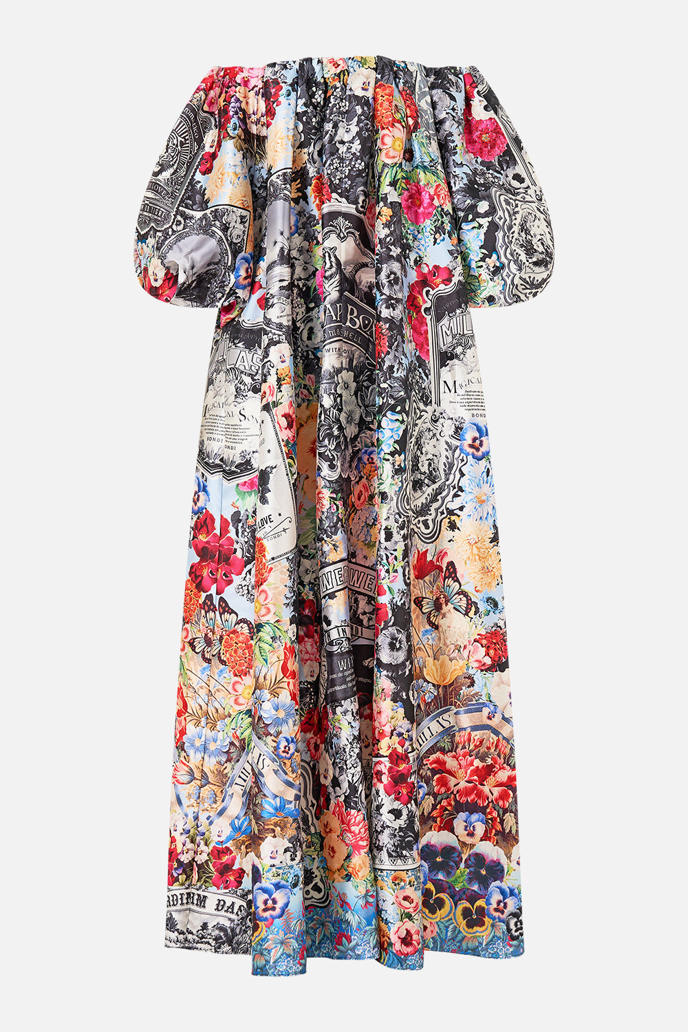 The CAMILLA Off Shoulder Long Puff Dress in our Flower Showers print.