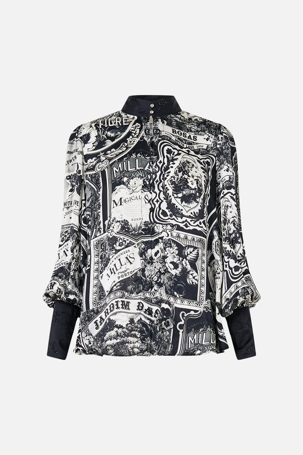 The CAMILLA Blouson Sleeve Blouse With Button Collar in our Perfumed In Porto print.