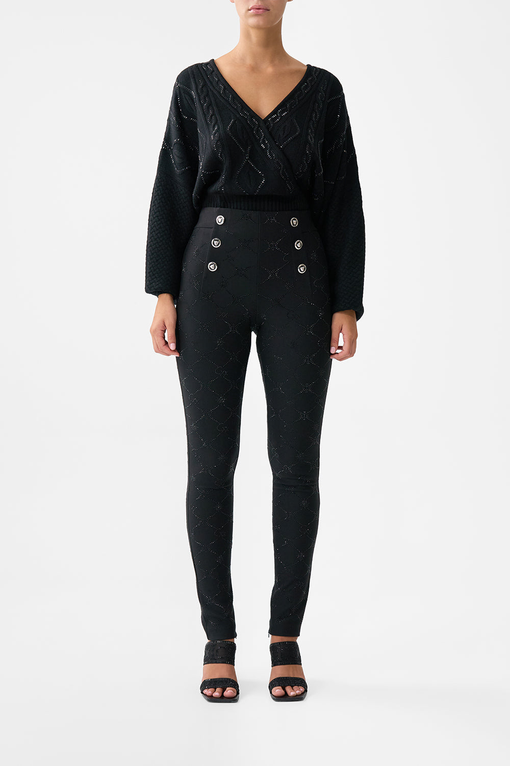 The CAMILLA Button Embellished Ponte Pant in our Solid Black print.