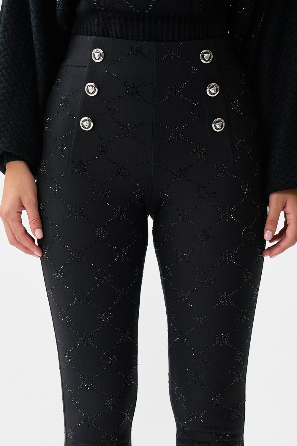 The CAMILLA Button Embellished Ponte Pant in our Solid Black print.