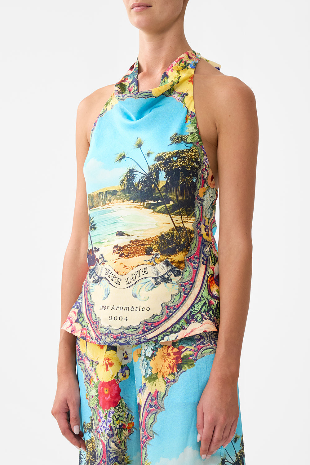 The CAMILLA Cowl Neck Halter Top in our Bathing Bombshell print.