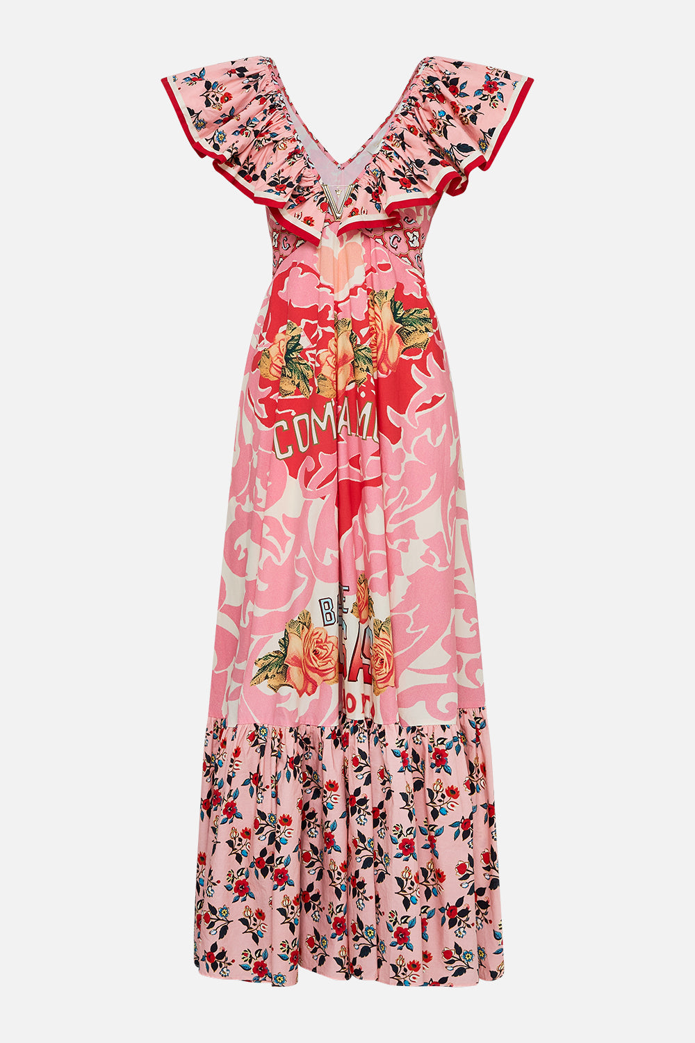 The CAMILLA Frill Neck Dress With Hardware in our Pink Porto print.