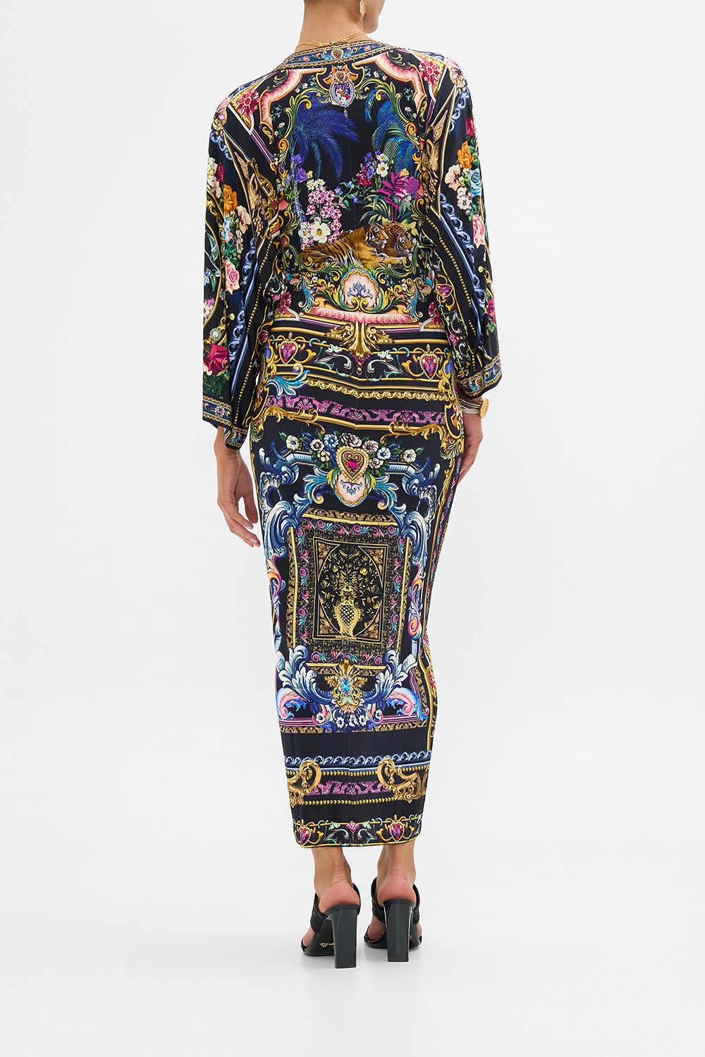 The CAMILLA Long Split Front Twist Dress in our Basked In Baroque print.