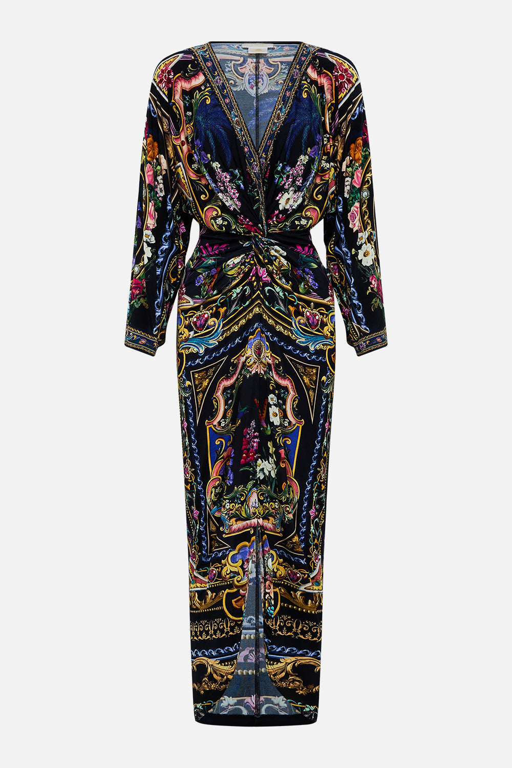 The CAMILLA Long Split Front Twist Dress in our Basked In Baroque print.