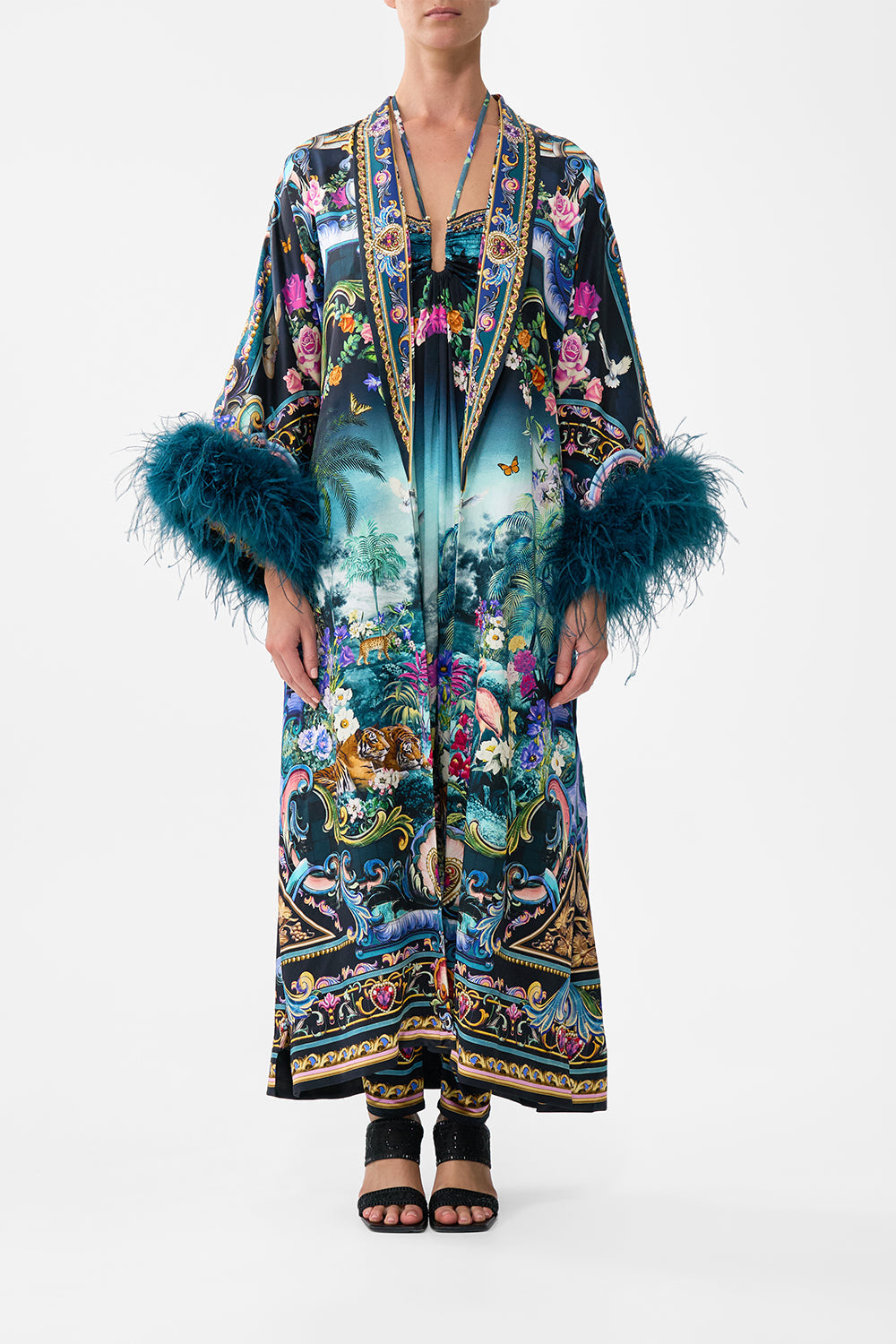 The CAMILLA Long Robe With Narrow Collar And Feathers in our Basked In Baroque print.