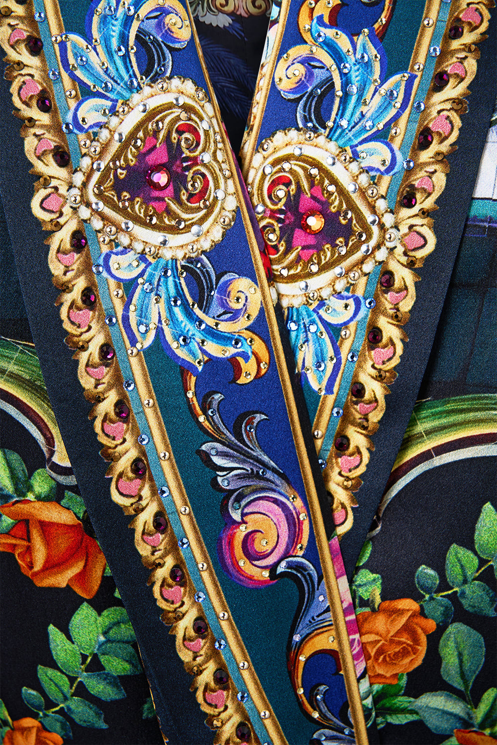 The CAMILLA Long Robe With Narrow Collar And Feathers in our Basked In Baroque print.