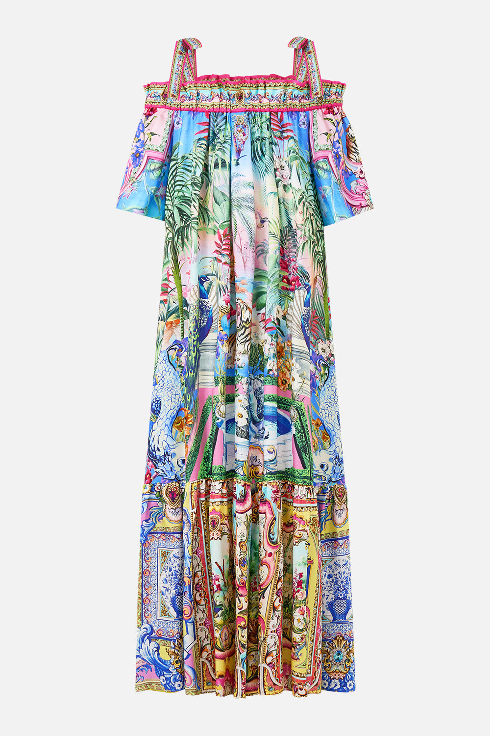 The CAMILLA Long Off Shoulder Frill Dress With Straps in our Spirit Of Santa Maria print.