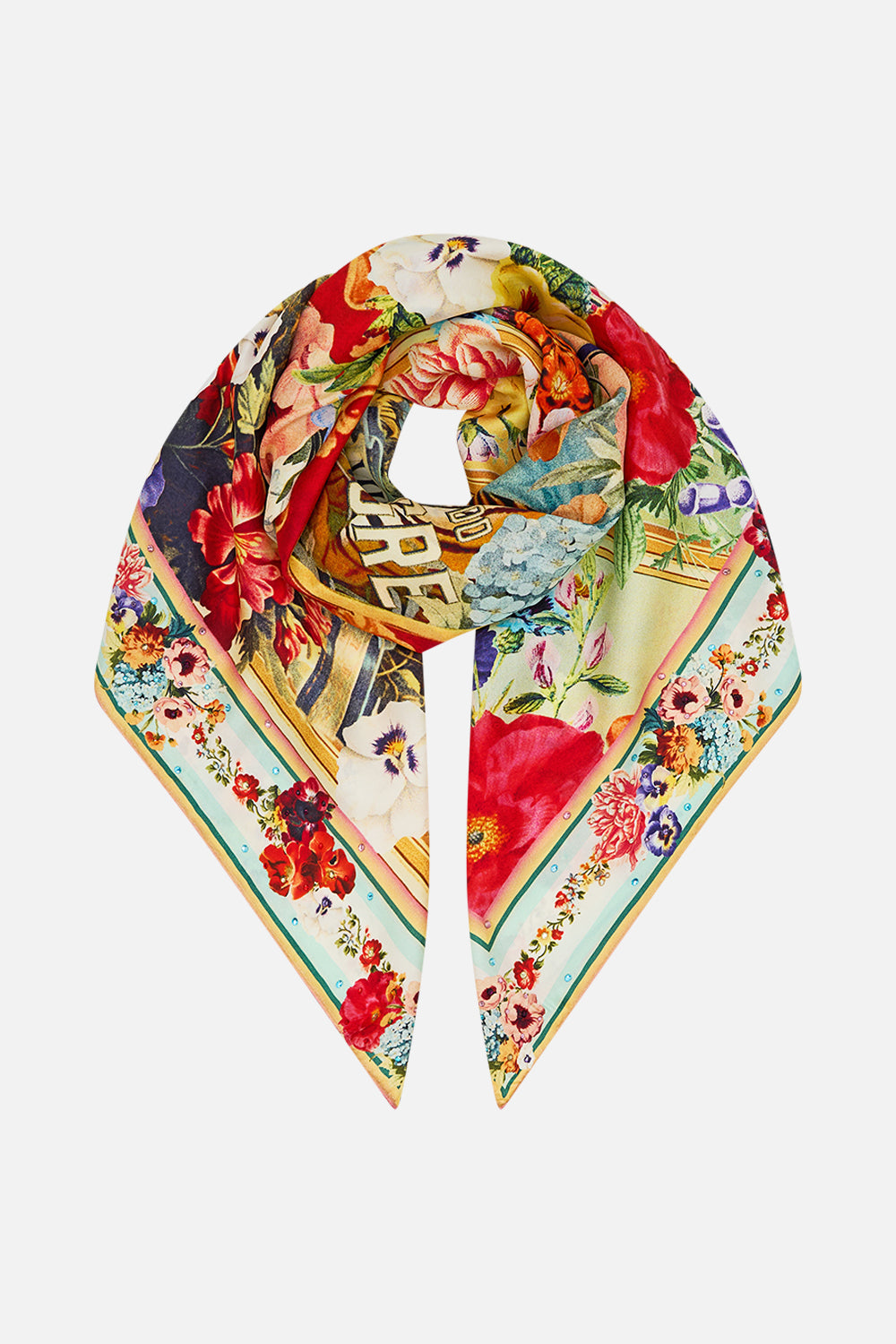 The CAMILLA Large Crystalled Silk Square Scarf in our Aromatic Tiger Flower print.