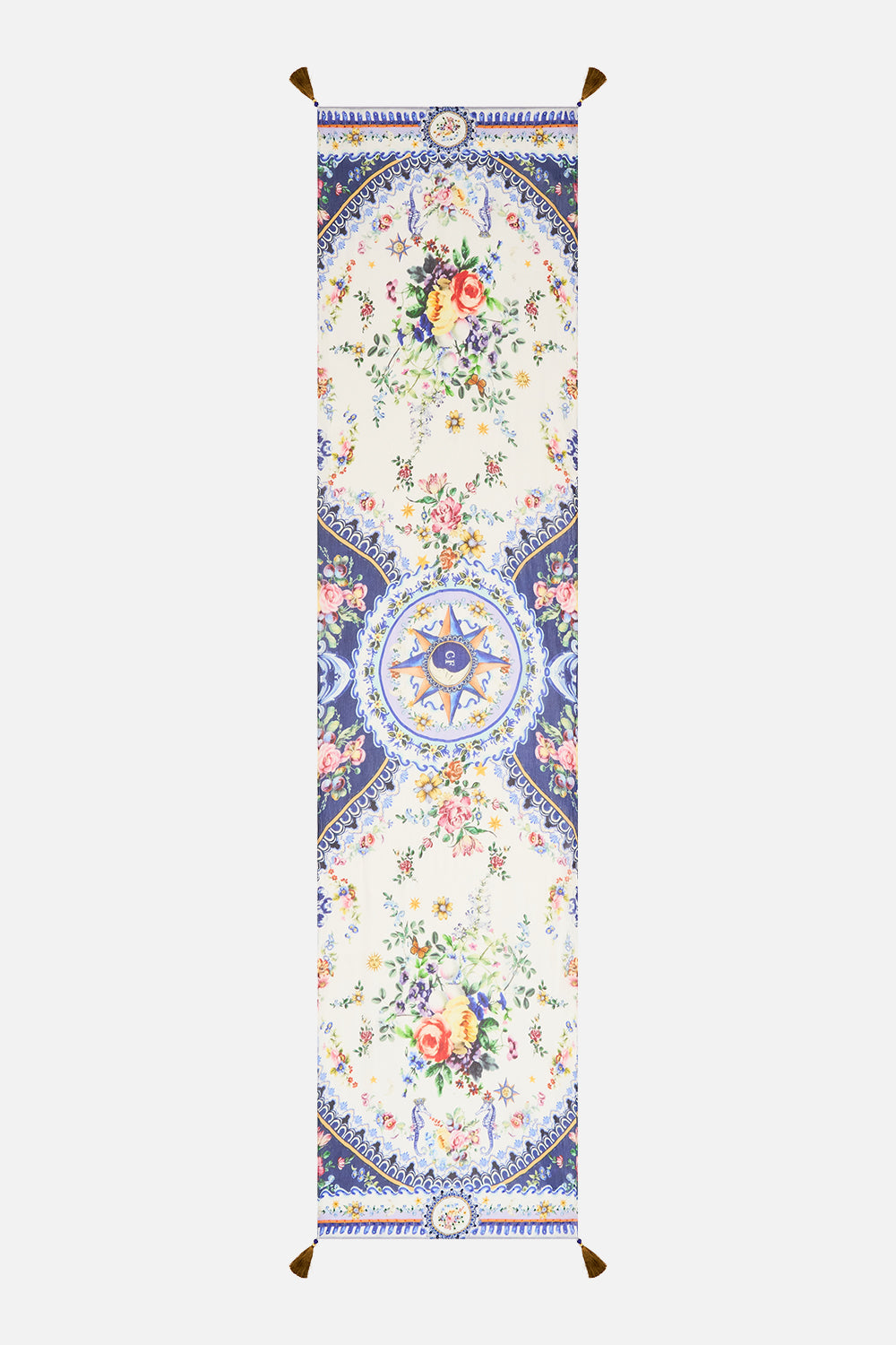 The CAMILLA Long Silk Crinkle Chiffon Scarf in our Tiles Darls print.