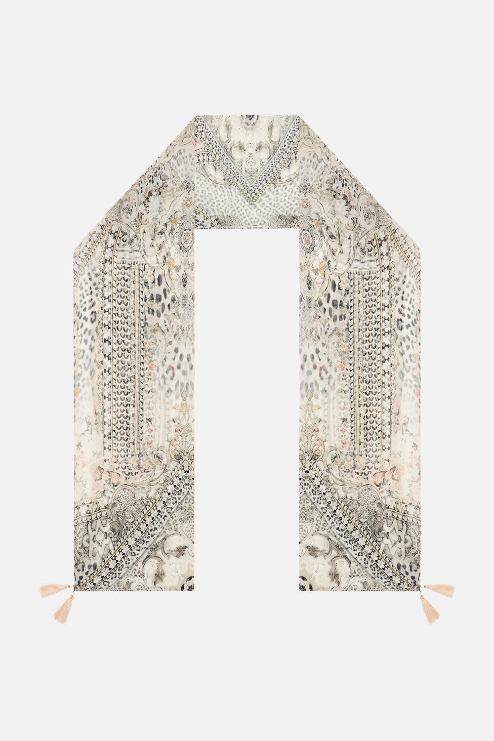The CAMILLA Long Silk Crinkle Chiffon Scarf in our Marble Heaven print.