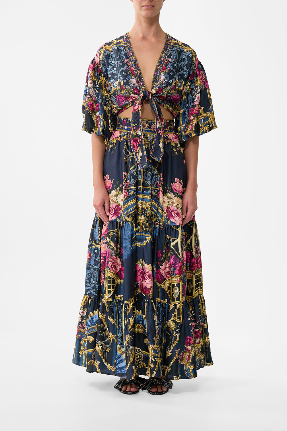 The CAMILLA Tie Front Puff Sleeve Top in our Ornate On A Plate print.