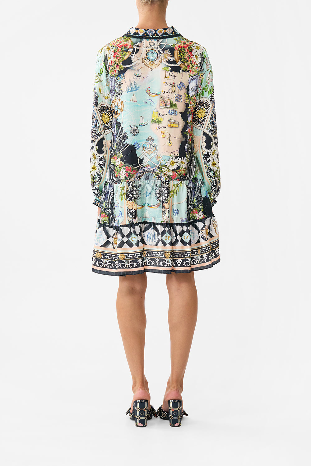 The CAMILLA Long Sleeve Tiered Short Dress in our Folk Afloat print.