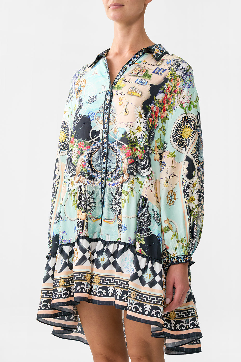 The CAMILLA Long Sleeve Tiered Short Dress in our Folk Afloat print.