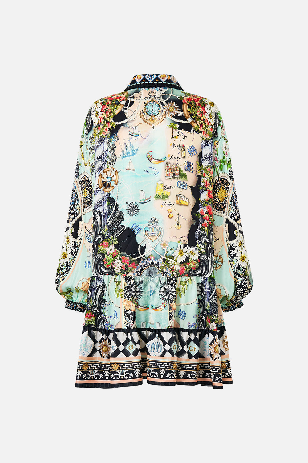 The CAMILLA Long Sleeve Tiered Short Dress in our Folk Afloat print.