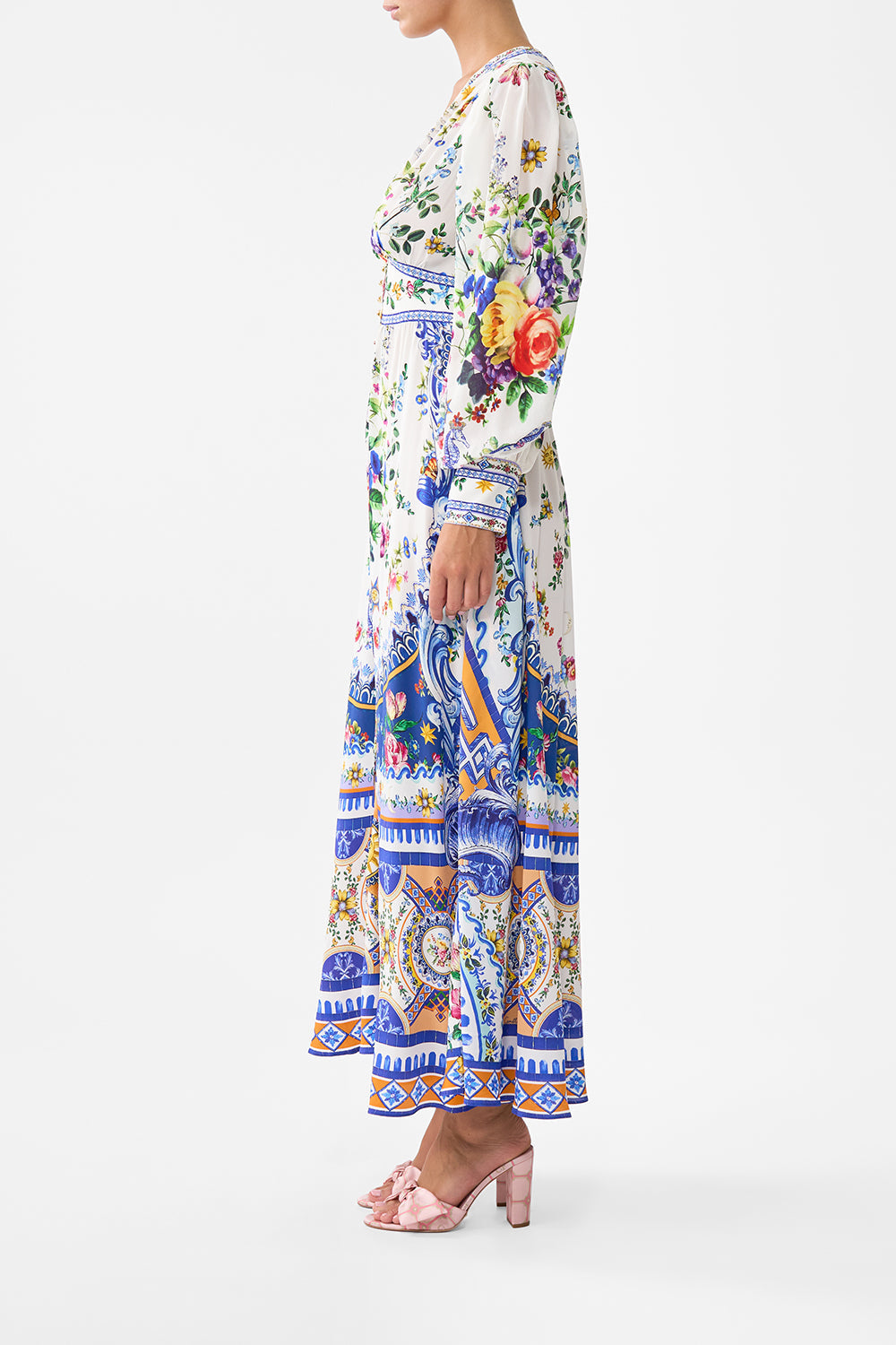 The CAMILLA Shaped Waistband Dress With Gathered Sleeves in our Tiles Darls print.