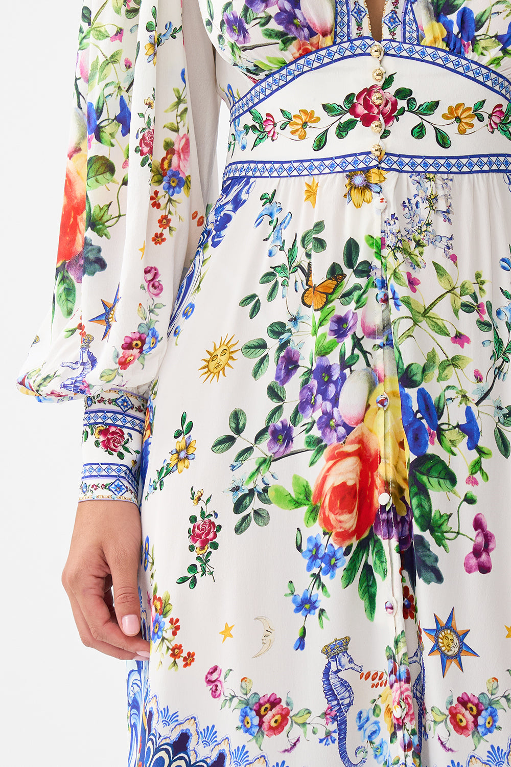 The CAMILLA Shaped Waistband Dress With Gathered Sleeves in our Tiles Darls print.