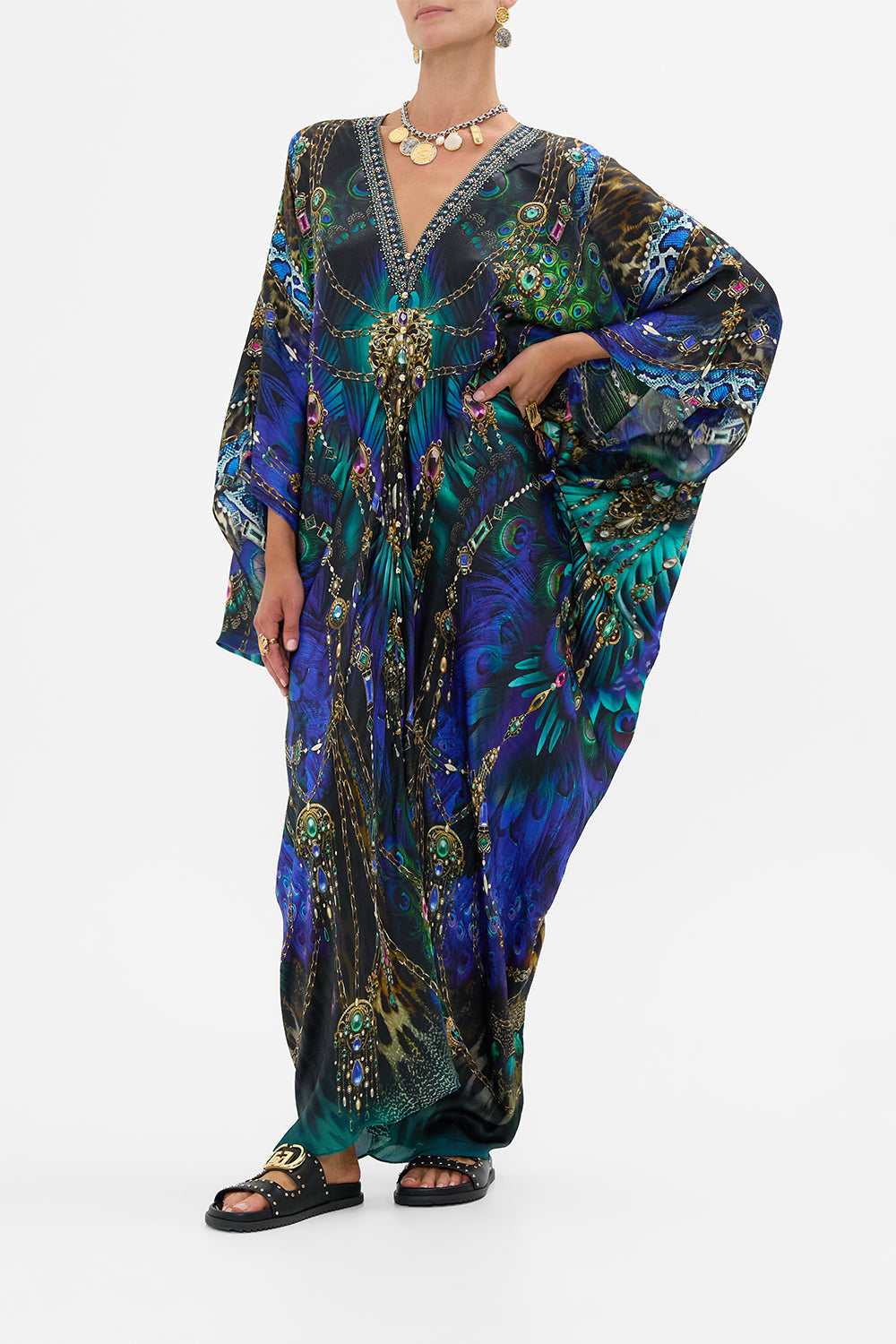 The CAMILLA Button Front T-Shape Kaftan in our Dominican Decadence print.