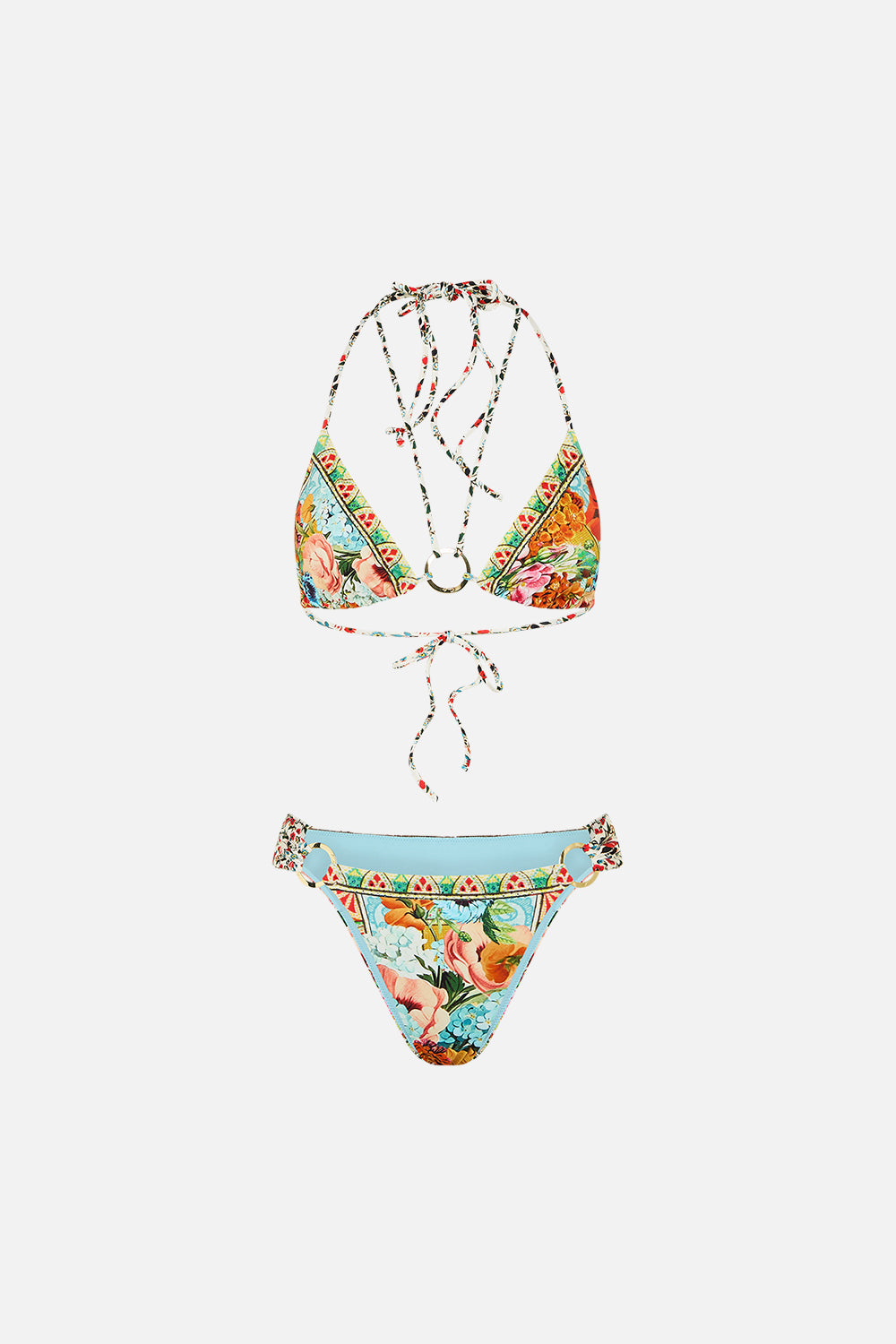 The CAMILLA Multi Strap Tri Bikini Set With Eyelet Trims in our Bathing Bombshell print.