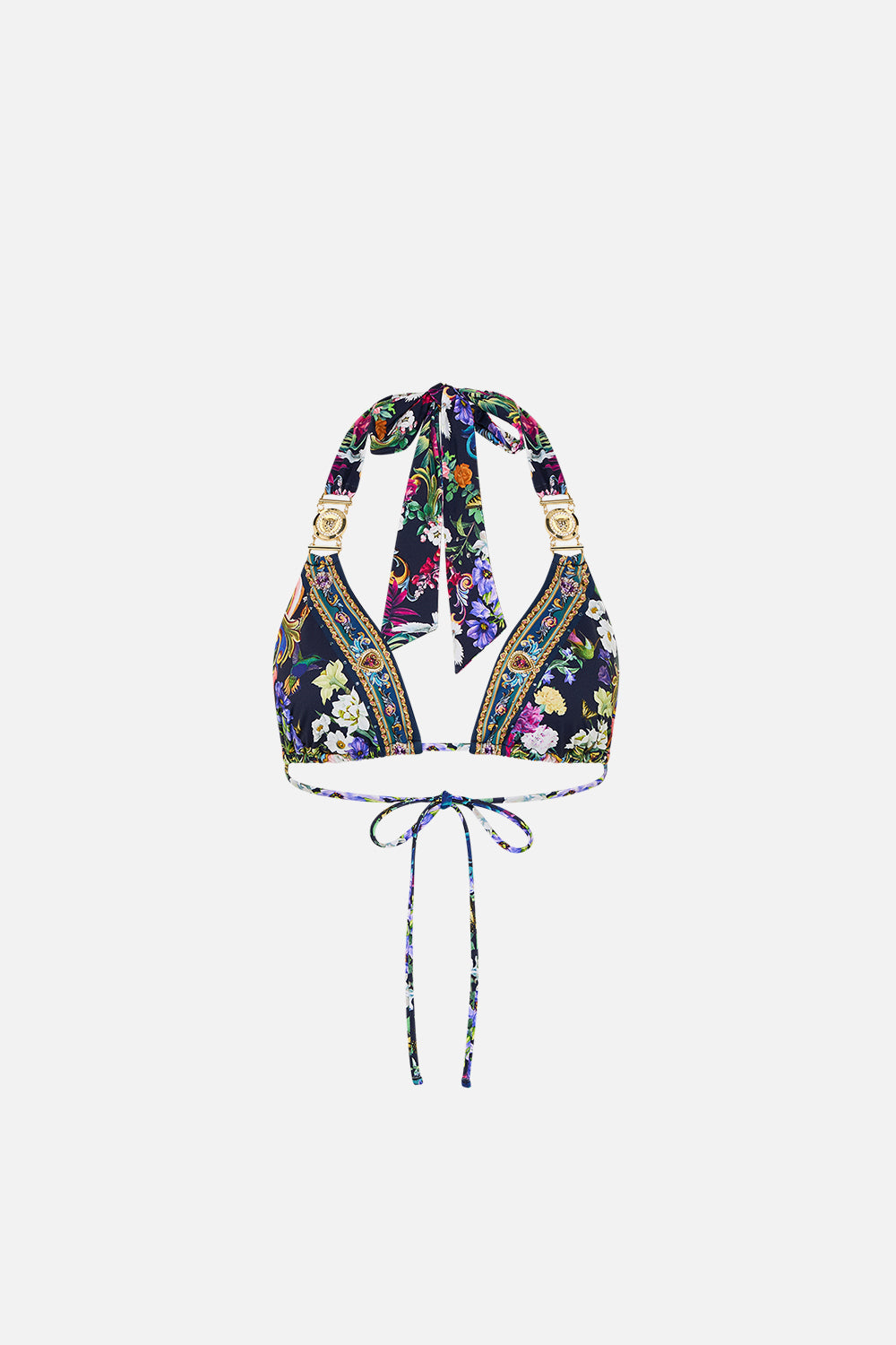 The CAMILLA Strap Trim Bikini Top With Thick Neck Tie in our Basked In Baroque print.