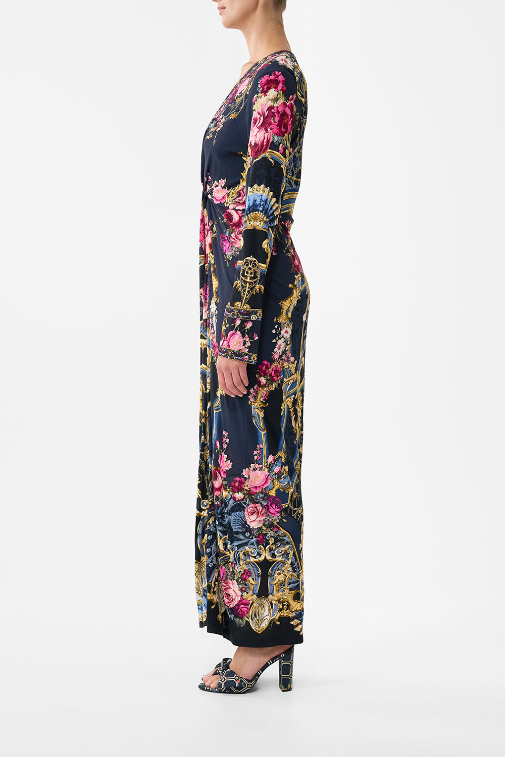The CAMILLA Long V Neck Twist Front Jersey Dress in our Ornate On A Plate print.