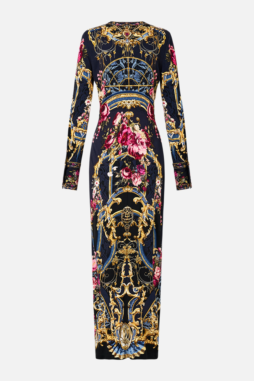 The CAMILLA Long V Neck Twist Front Jersey Dress in our Ornate On A Plate print.
