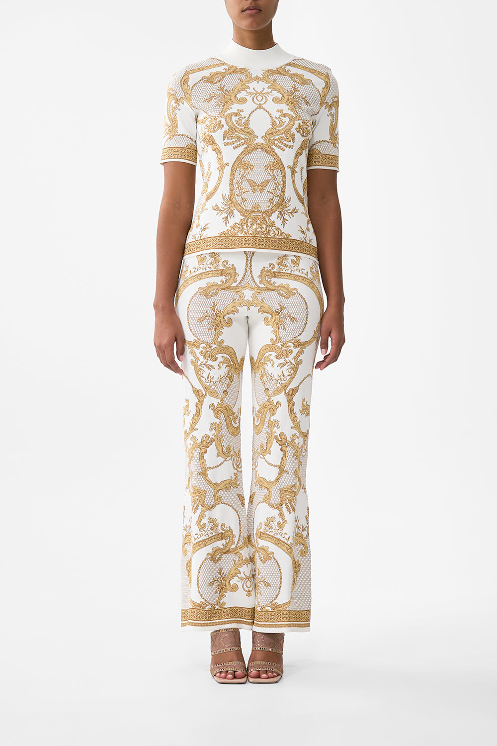 The CAMILLA Mock Neck Knit Top in our Dressing Room Drama print.