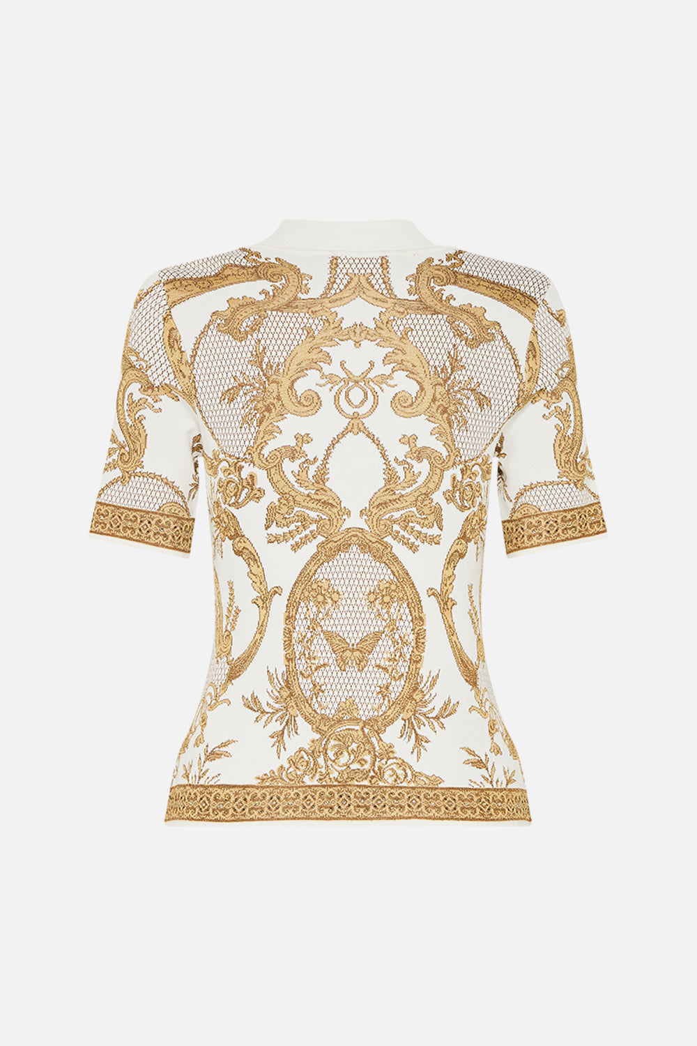 The CAMILLA Mock Neck Knit Top in our Dressing Room Drama print.