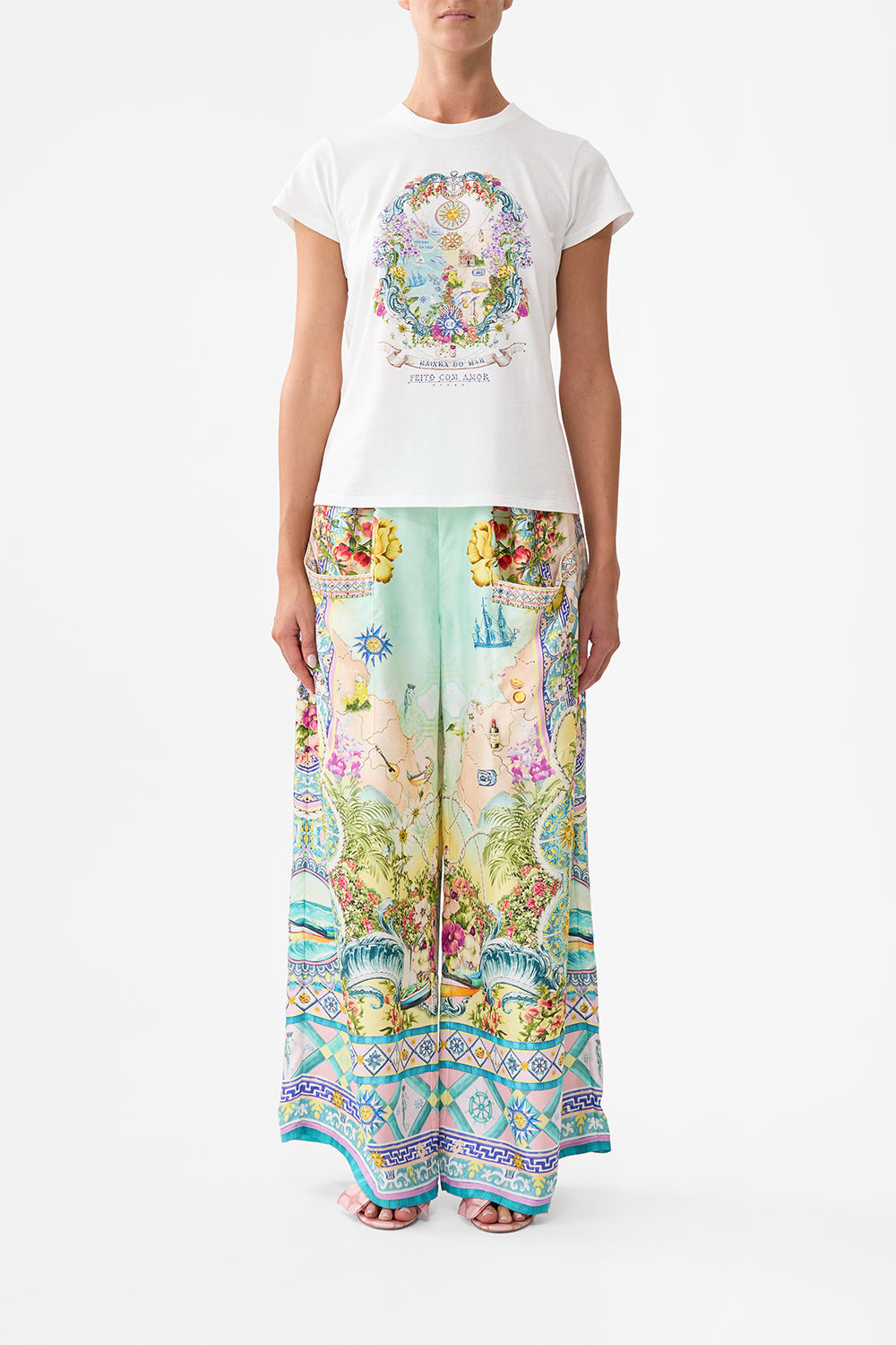 The CAMILLA Slim Fit Round Neck T-Shirt - White in our Just Coasting print.