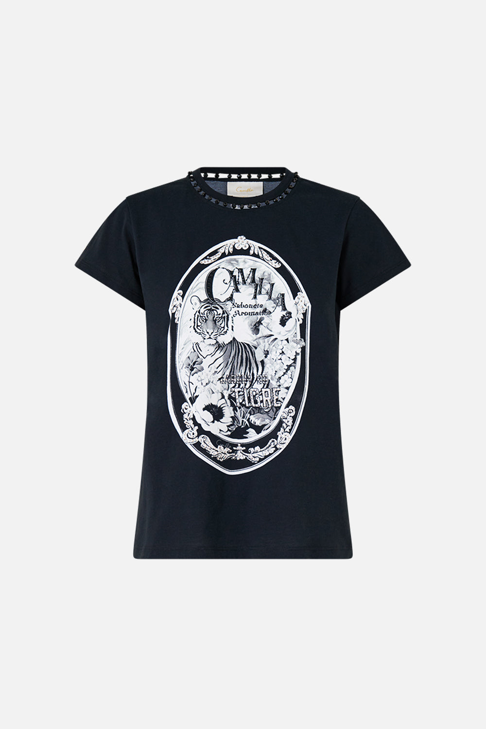 The CAMILLA Slim Fit Round Neck T-Shirt - Black in our Perfumed In Porto print.