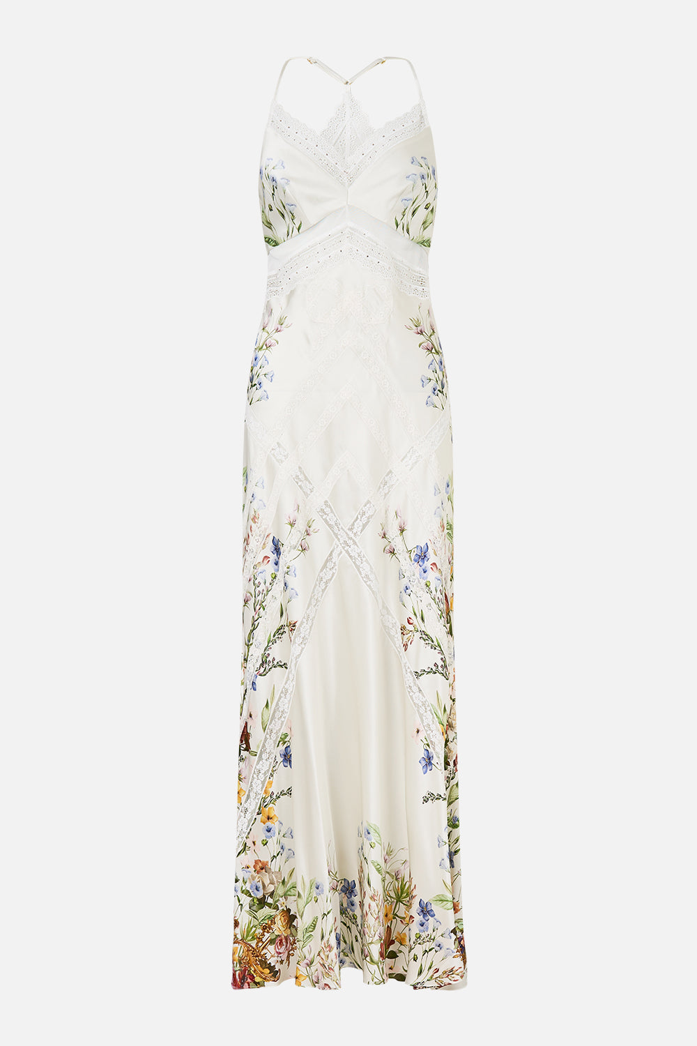 The CAMILLA Lace Splice Bias Long Dress in our Dressing Room Drama print.