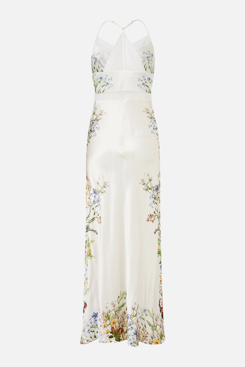 The CAMILLA Lace Splice Bias Long Dress in our Dressing Room Drama print.