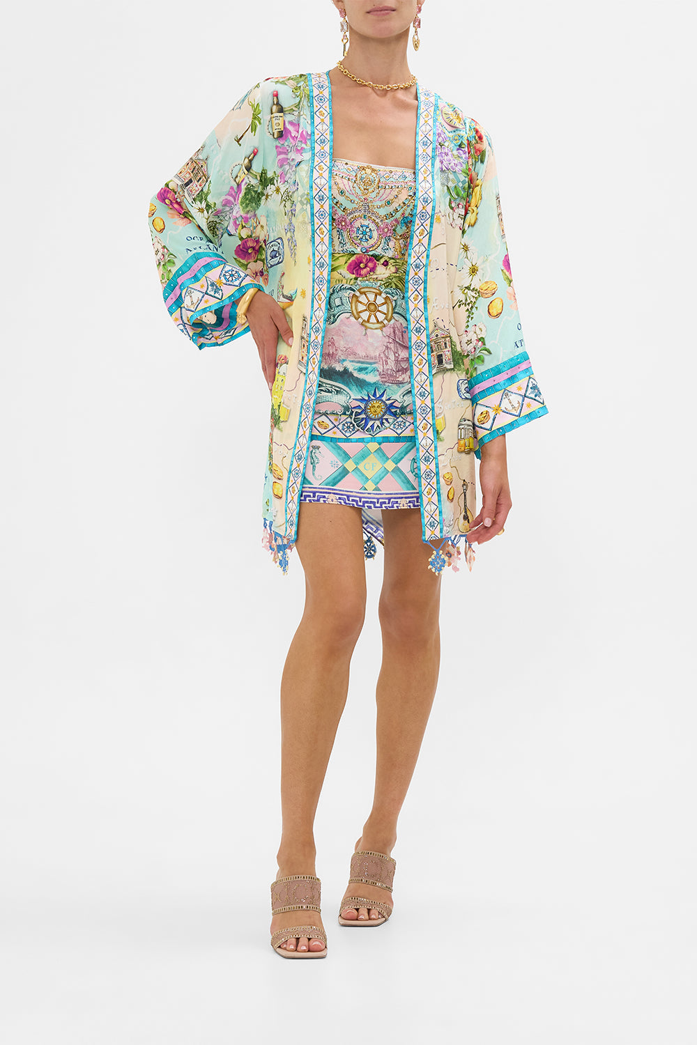 The CAMILLA Short Kimono Wrap in our Just Coasting print.