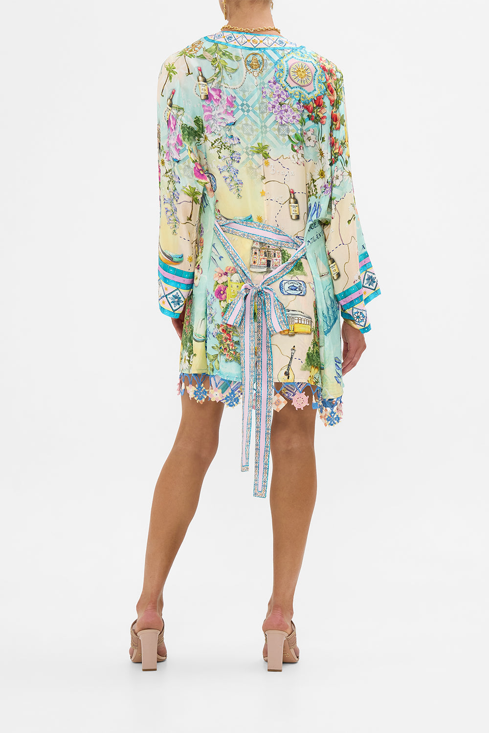 The CAMILLA Short Kimono Wrap in our Just Coasting print.