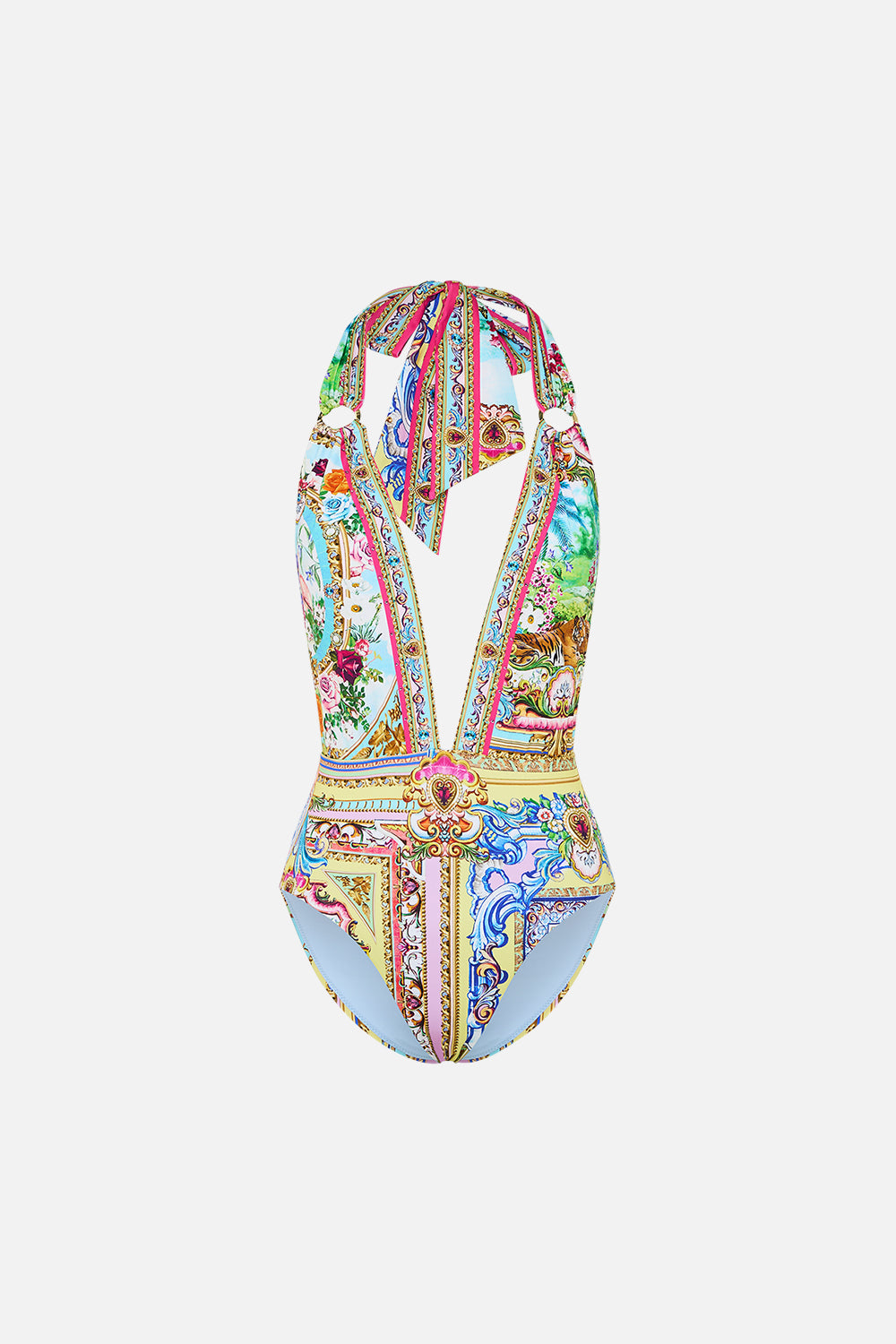 The CAMILLA Plunge Backless Halter One Piece W Ring Ties in our Spirit Of Santa Maria print.