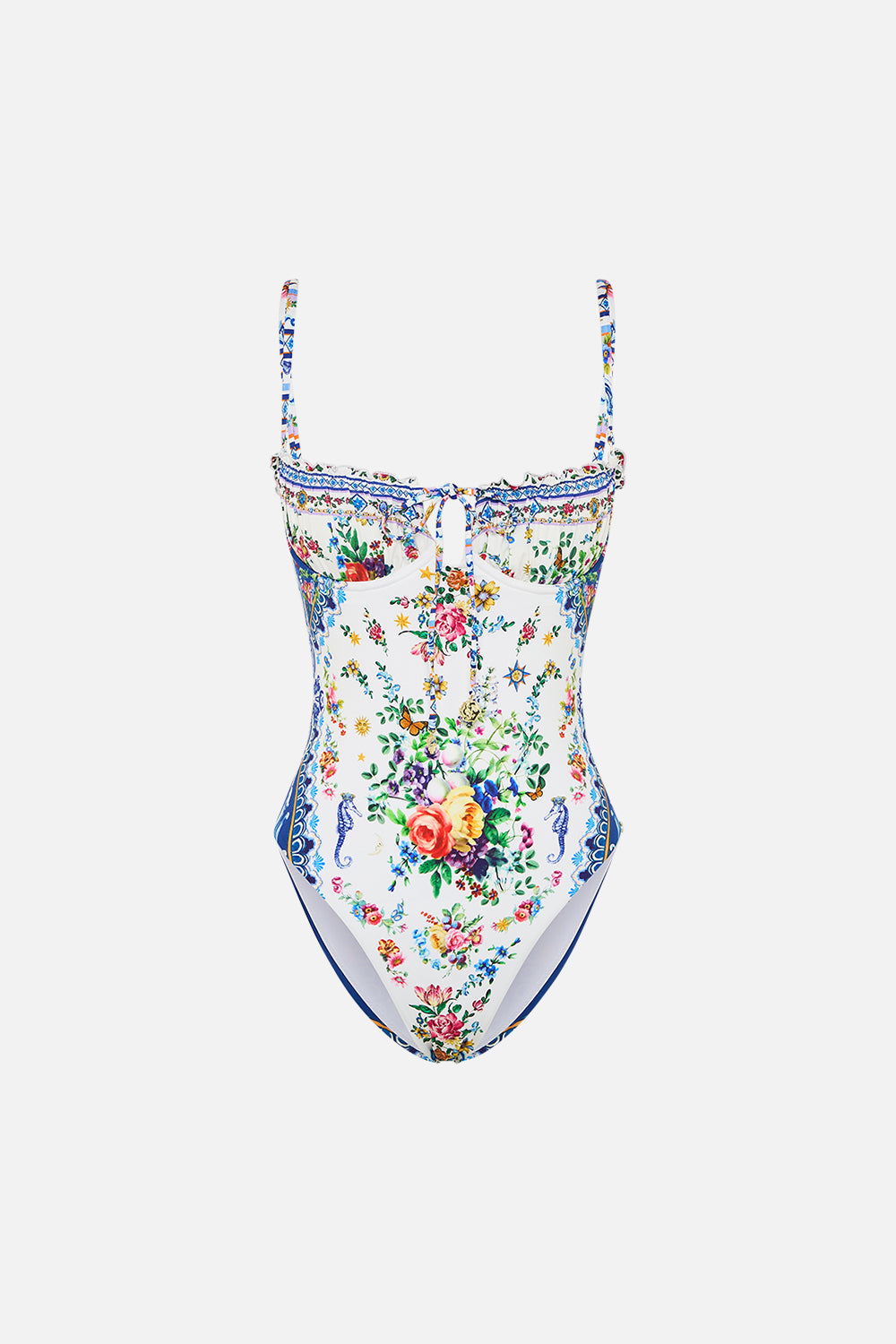 The CAMILLA Ruched Cup Underwire One Piece W Tie Front in our Tiles Darls print.
