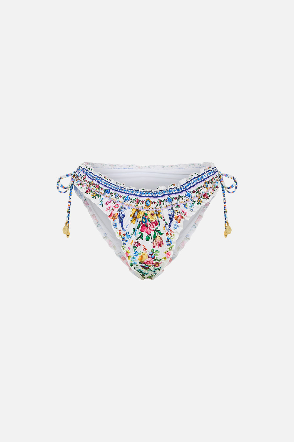 The CAMILLA Ruched Skimpy Bikini Bottom With Tie Sides in our Tiles Darls print.