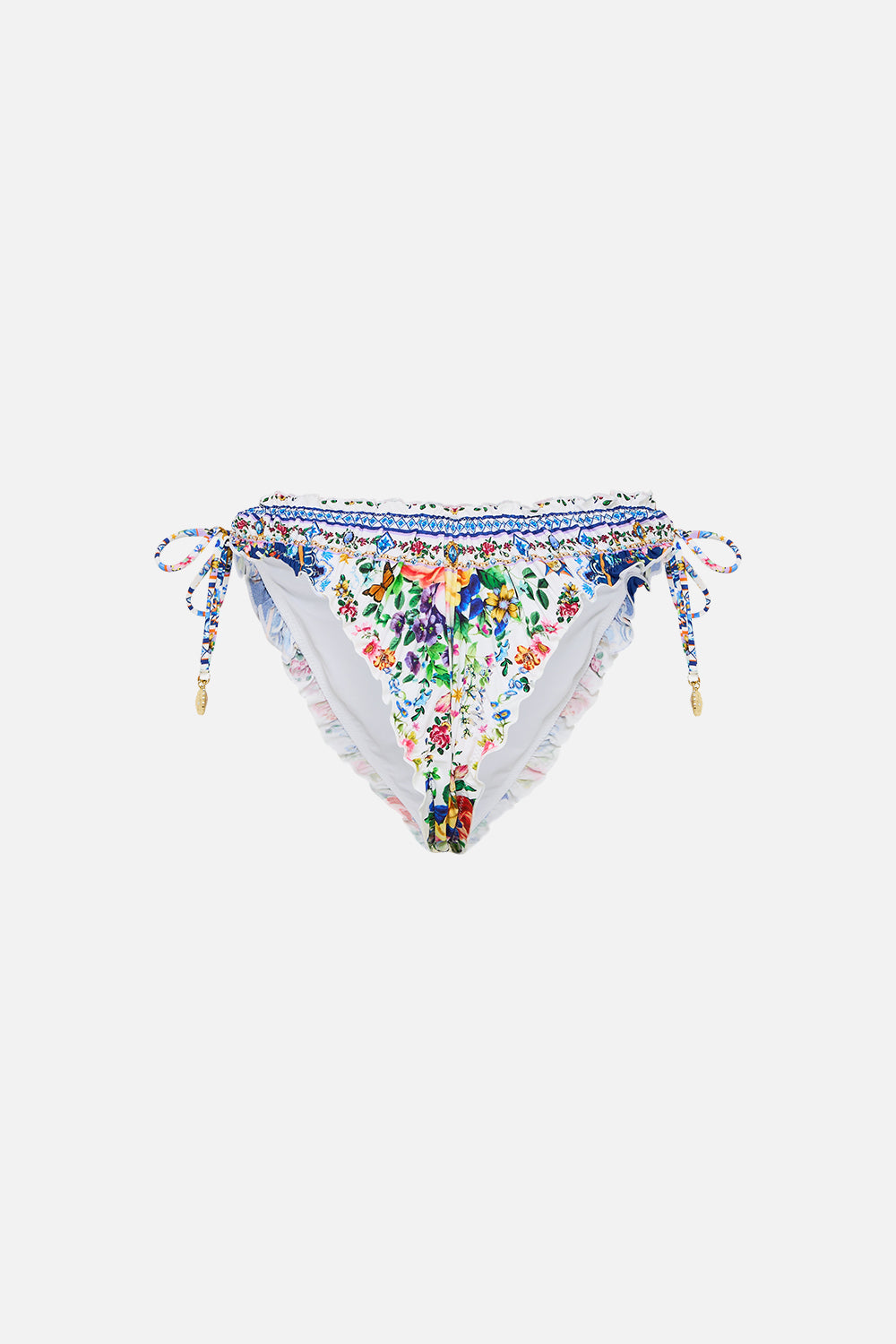 The CAMILLA Ruched Skimpy Bikini Bottom With Tie Sides in our Tiles Darls print.