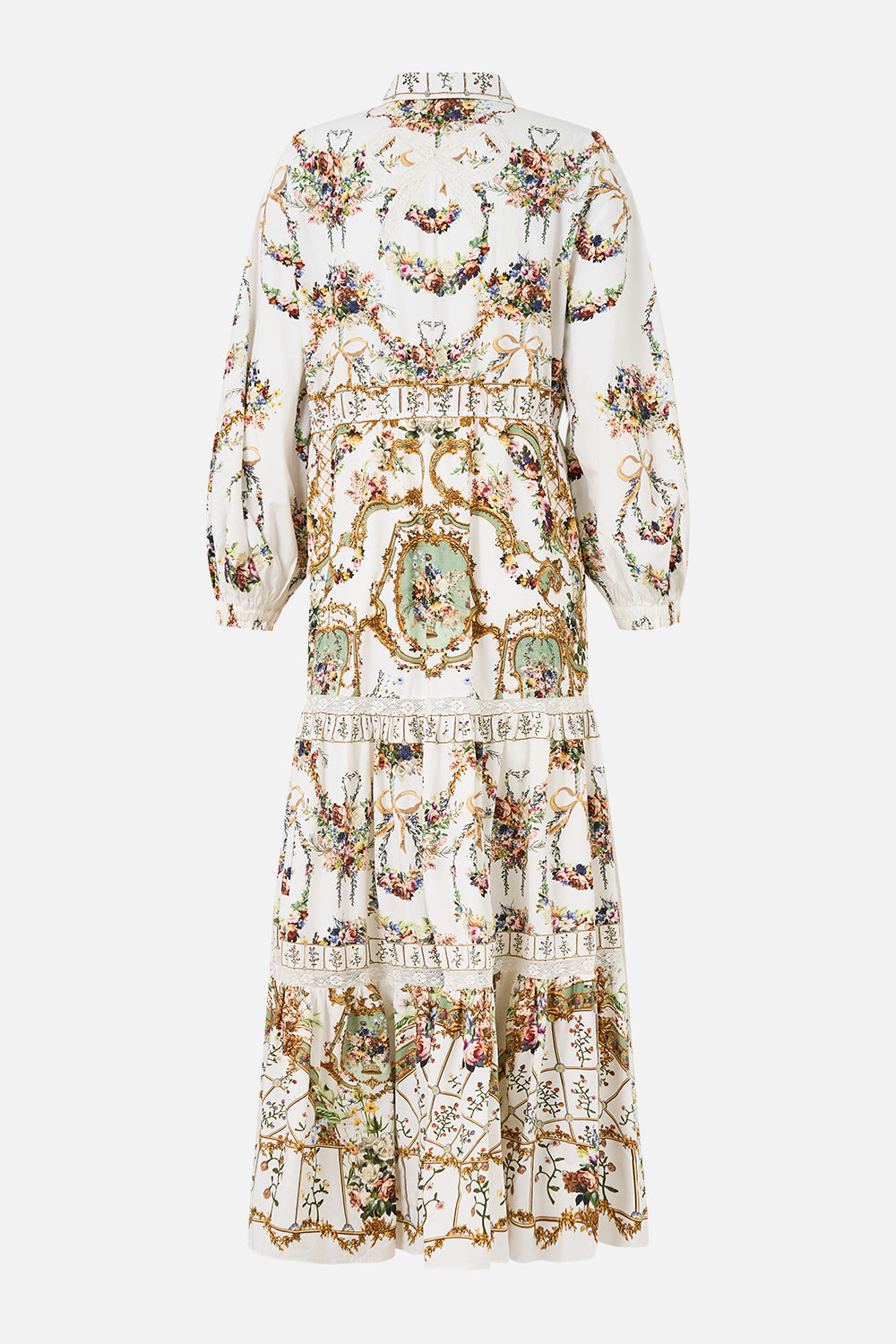 The CAMILLA Tiered Long Shirt Dress in our Dressing Room Drama print.