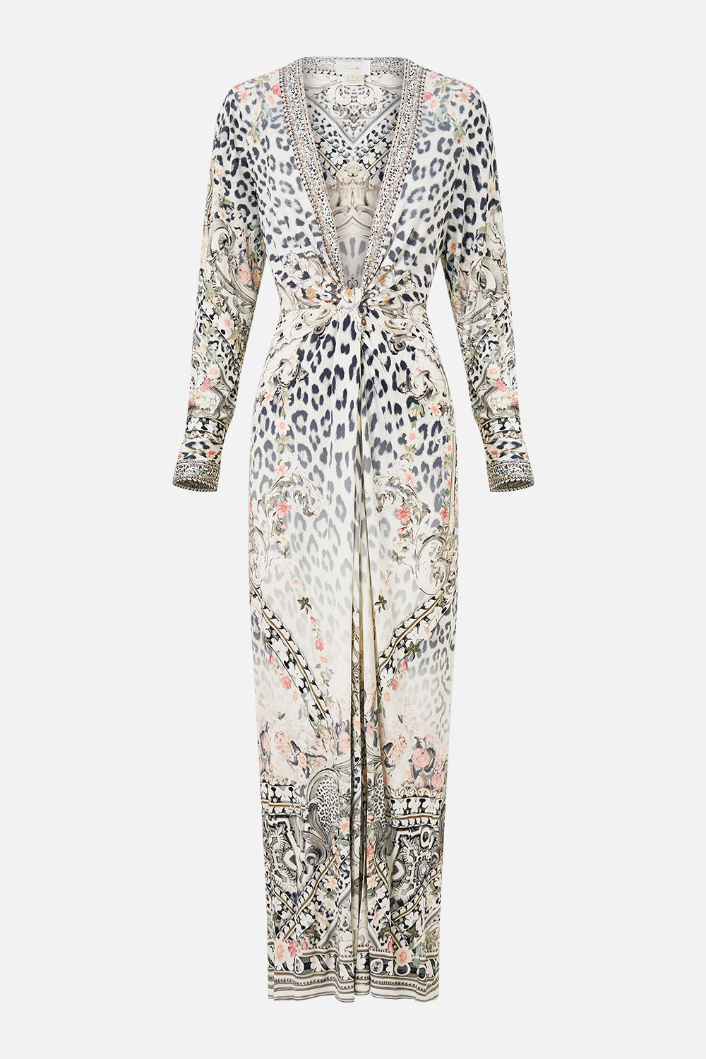 The CAMILLA Long V Neck Twist Front Jersey Dress in our Marble Heaven print.