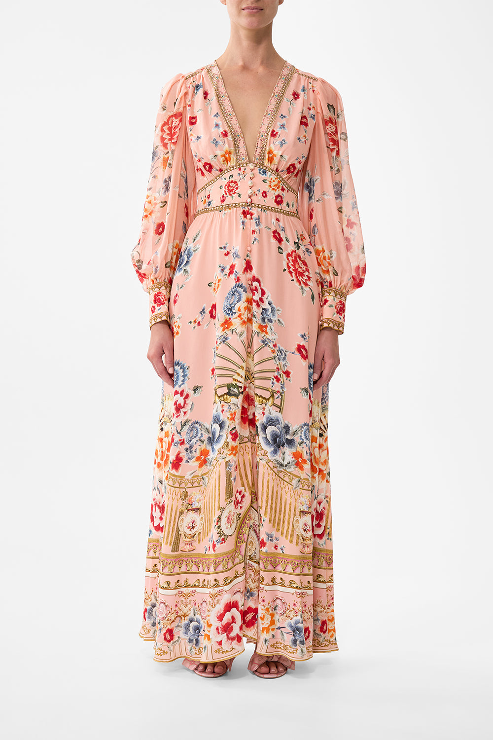 The CAMILLA Shaped Waistband Dress With Gathered Sleeves in our Majestic Milla print.