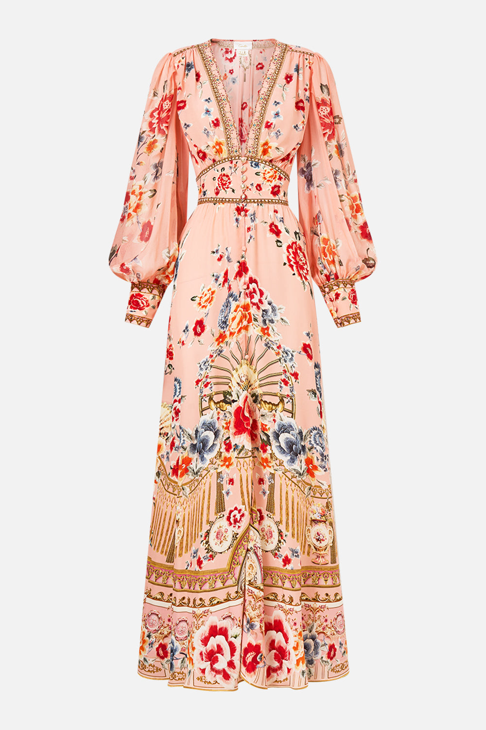 The CAMILLA Shaped Waistband Dress With Gathered Sleeves in our Majestic Milla print.