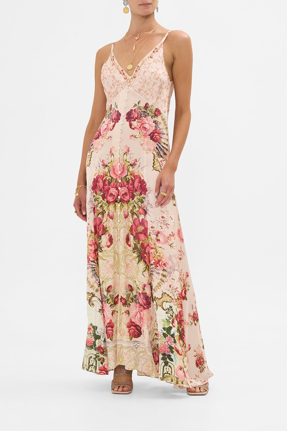 The CAMILLA Button Front Strappy Dress in our Meet Me At The Majestic print.