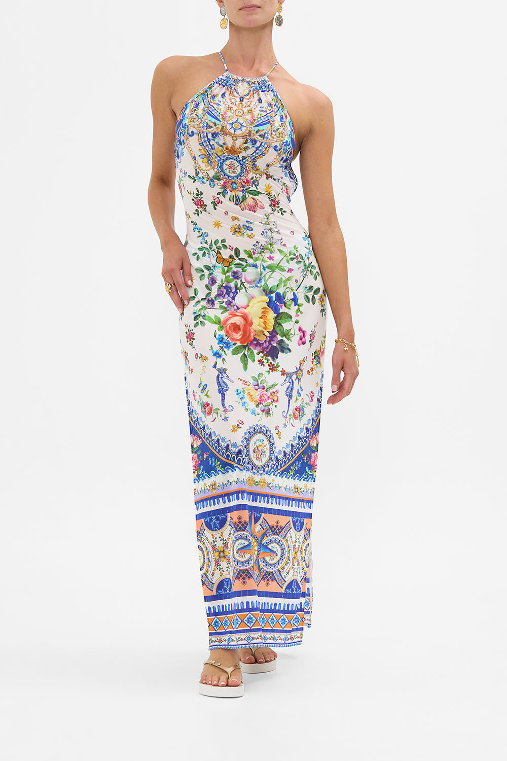 The CAMILLA High Neck Maxi Dress With Tie Back in our Tiles Darls print.