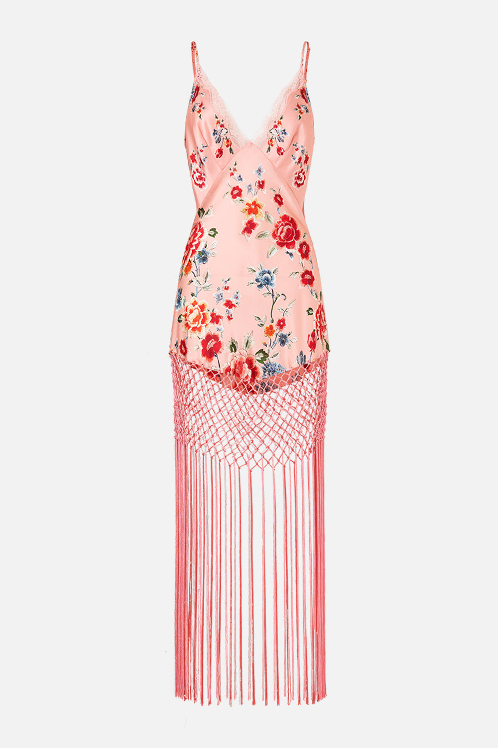 The CAMILLA V Neck Bias Slip Dress With Fringing in our Majestic Milla print.