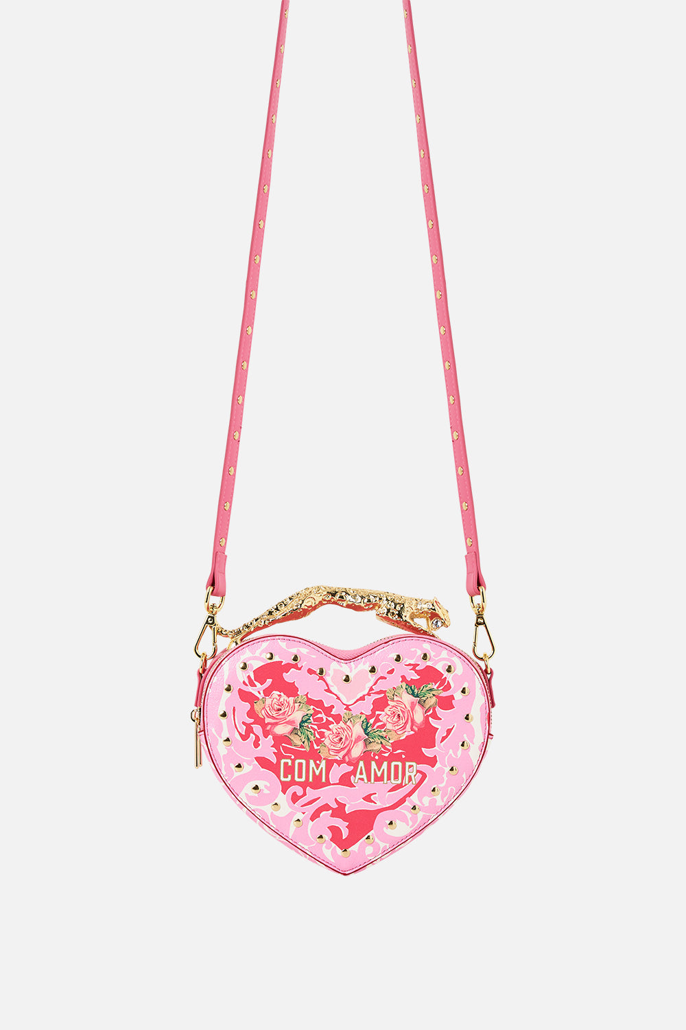 The CAMILLA Heart Crossbody With Leopard Handle in our Pink Porto print.